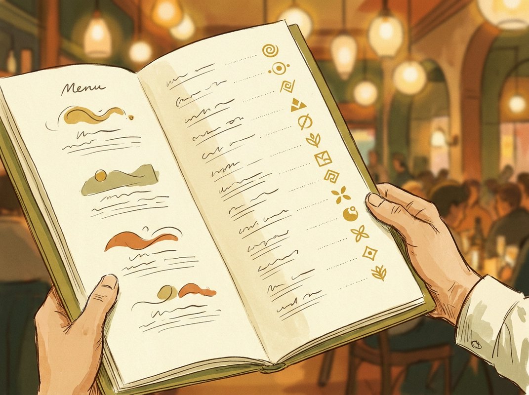 A hand turning the page of a printed menu on a set restaurant table.