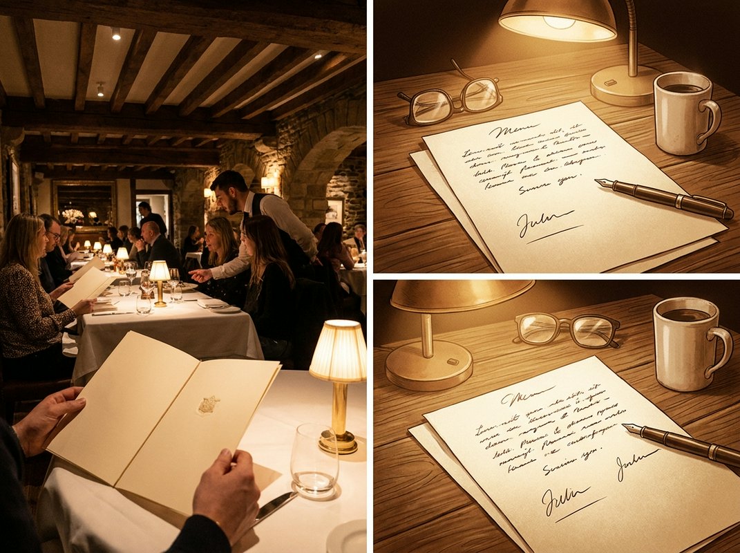 Hands reviewing a printed brief and a set of menu proofs on a table in a restaurant dining room